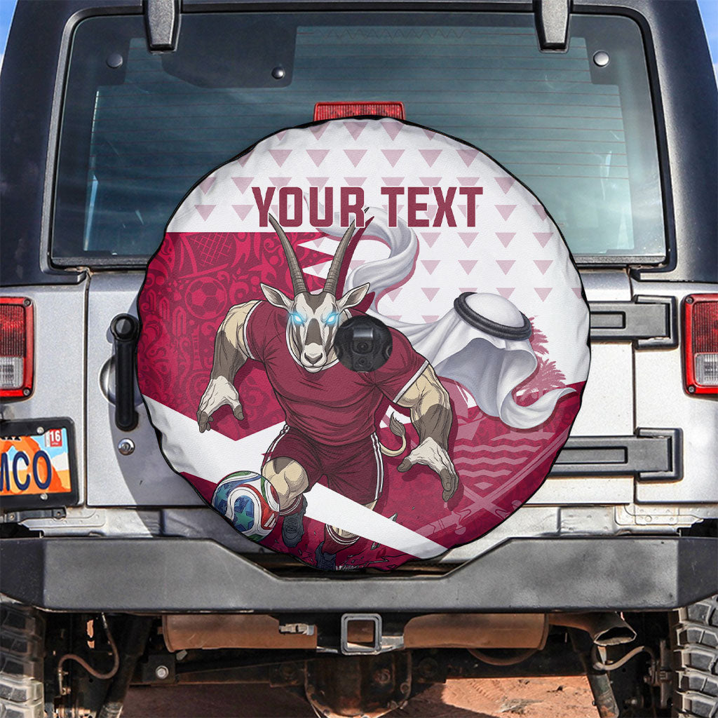 Personalized Qatar Soccer Spare Tire Cover Arabian Oryx Football Mascot - Comic Art Geometric