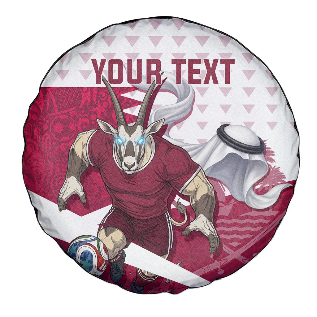 Personalized Qatar Soccer Spare Tire Cover Arabian Oryx Football Mascot - Comic Art Geometric