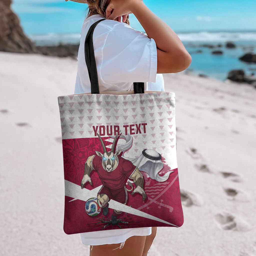 Personalized Qatar Soccer Tote Bag Arabian Oryx Football Mascot - Comic Art Geometric