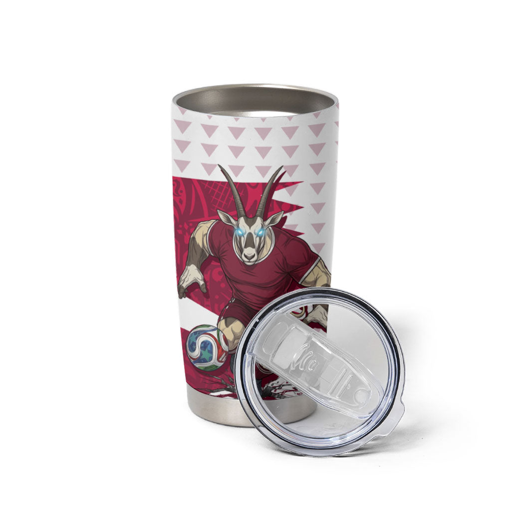 Personalized Qatar Soccer Tumbler Cup Arabian Oryx Football Mascot - Comic Art Geometric