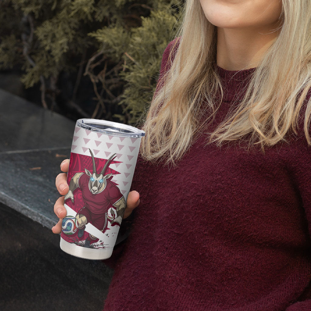 Personalized Qatar Soccer Tumbler Cup Arabian Oryx Football Mascot - Comic Art Geometric