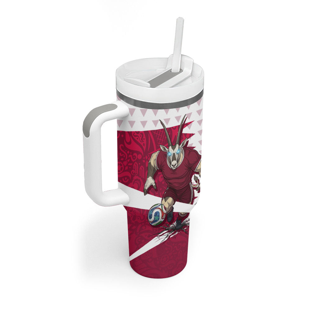 Personalized Qatar Soccer Tumbler With Handle Arabian Oryx Football Mascot - Comic Art Geometric