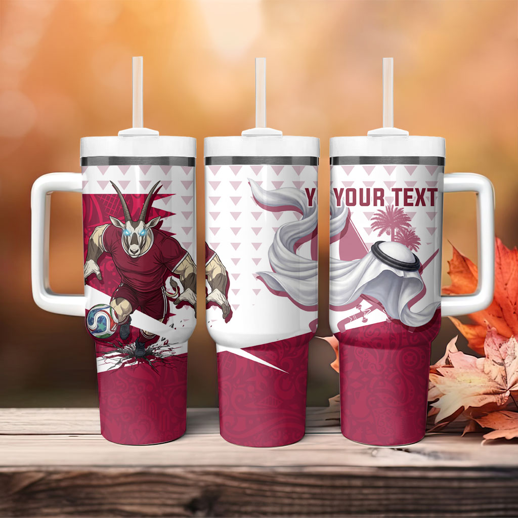 Personalized Qatar Soccer Tumbler With Handle Arabian Oryx Football Mascot - Comic Art Geometric