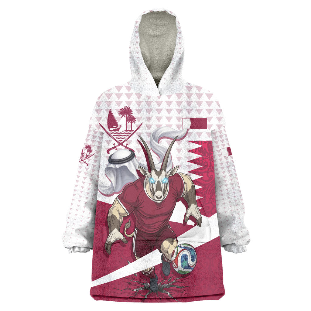 Personalized Qatar Soccer Wearable Blanket Hoodie Arabian Oryx Football Mascot - Comic Art Geometric