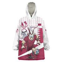 Personalized Qatar Soccer Wearable Blanket Hoodie Arabian Oryx Football Mascot - Comic Art Geometric