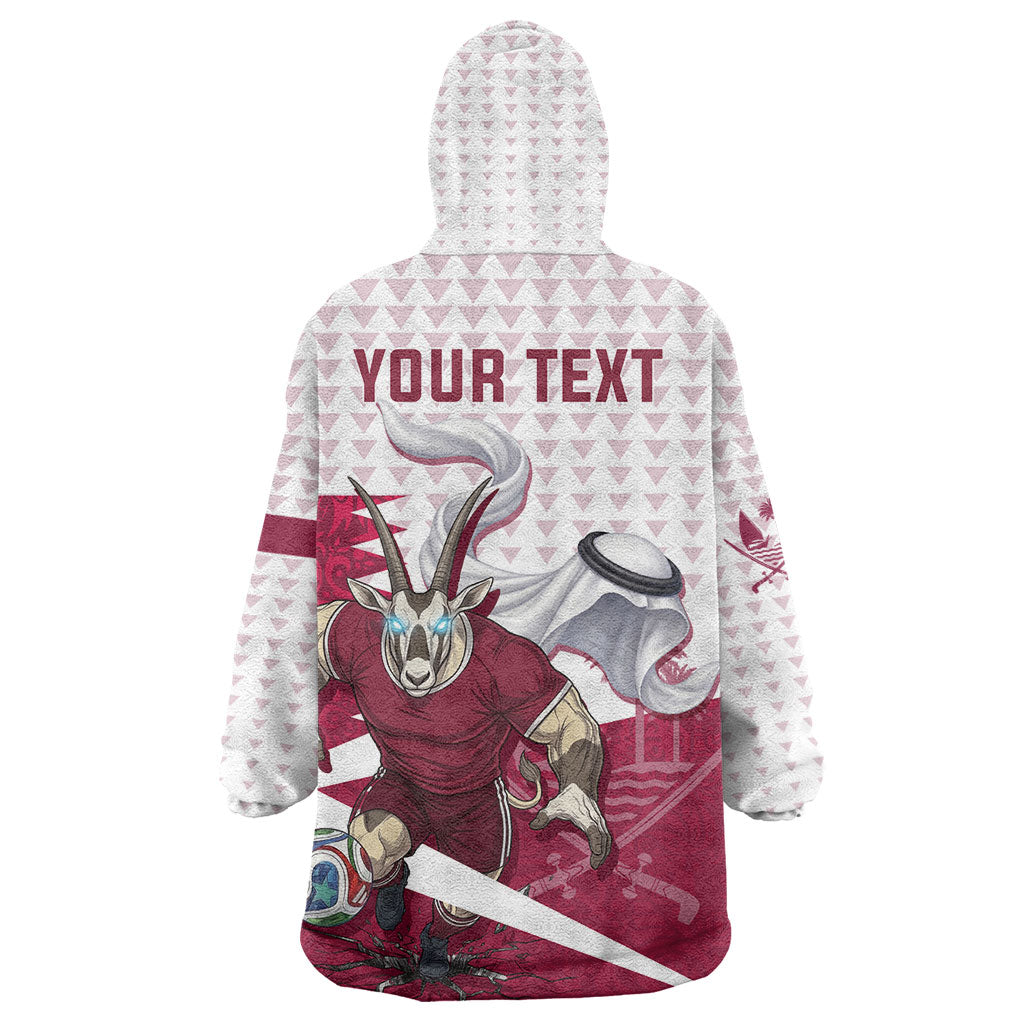 Personalized Qatar Soccer Wearable Blanket Hoodie Arabian Oryx Football Mascot - Comic Art Geometric