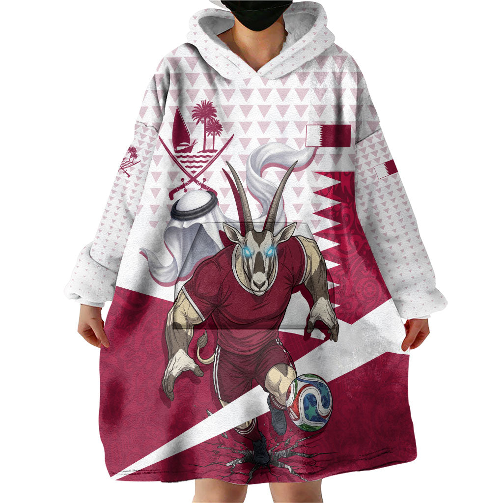 Personalized Qatar Soccer Wearable Blanket Hoodie Arabian Oryx Football Mascot - Comic Art Geometric