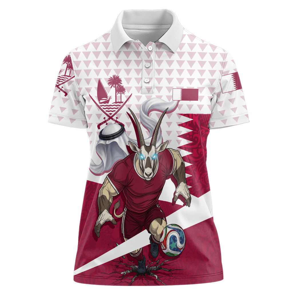 Personalized Qatar Soccer Women Polo Shirt Arabian Oryx Football Mascot - Comic Art Geometric
