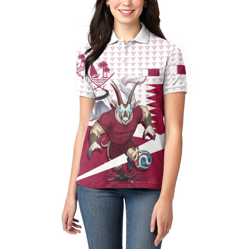 Personalized Qatar Soccer Women Polo Shirt Arabian Oryx Football Mascot - Comic Art Geometric