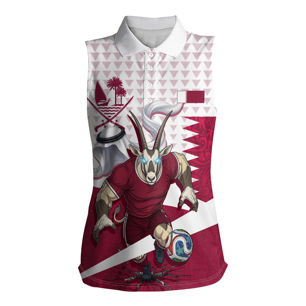Personalized Qatar Soccer Women Sleeveless Polo Shirt Arabian Oryx Football Mascot - Comic Art Geometric