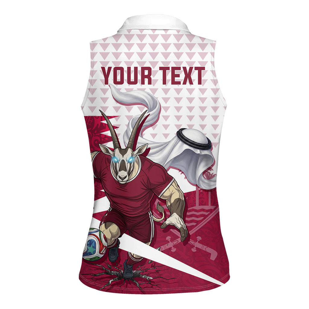 Personalized Qatar Soccer Women Sleeveless Polo Shirt Arabian Oryx Football Mascot - Comic Art Geometric