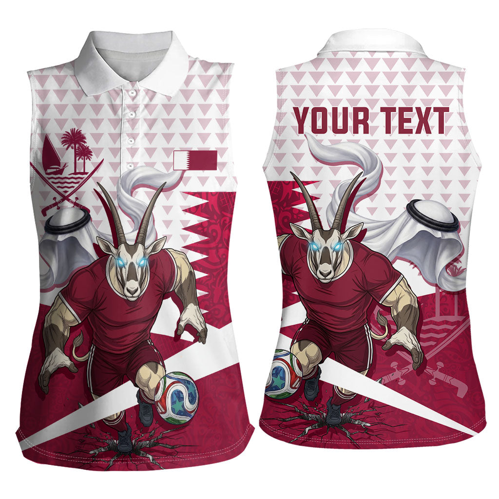 Personalized Qatar Soccer Women Sleeveless Polo Shirt Arabian Oryx Football Mascot - Comic Art Geometric