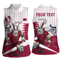 Personalized Qatar Soccer Women Sleeveless Polo Shirt Arabian Oryx Football Mascot - Comic Art Geometric