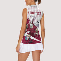 Personalized Qatar Soccer Women Sleeveless Polo Shirt Arabian Oryx Football Mascot - Comic Art Geometric