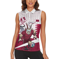 Personalized Qatar Soccer Women Sleeveless Polo Shirt Arabian Oryx Football Mascot - Comic Art Geometric