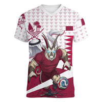Personalized Qatar Soccer Women V-Neck T-Shirt Arabian Oryx Football Mascot - Comic Art Geometric