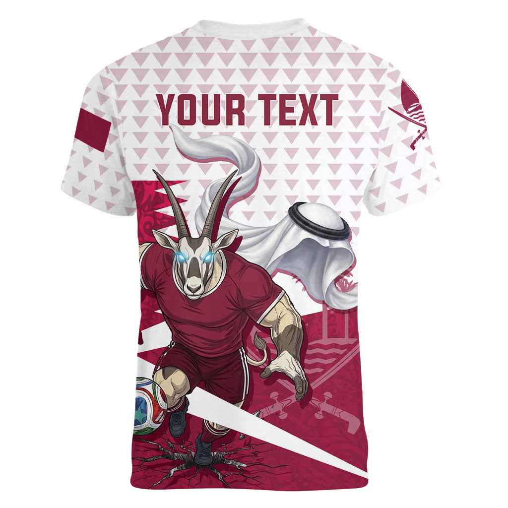 Personalized Qatar Soccer Women V-Neck T-Shirt Arabian Oryx Football Mascot - Comic Art Geometric