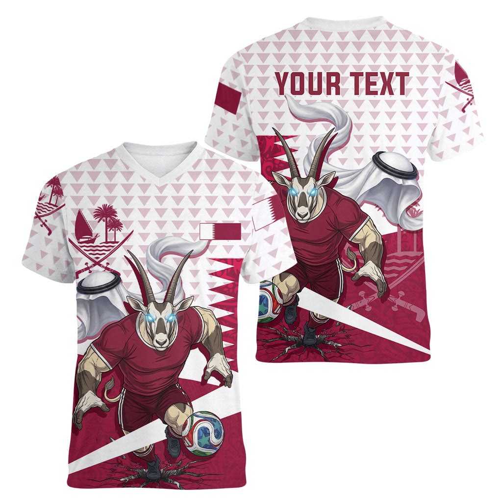 Personalized Qatar Soccer Women V-Neck T-Shirt Arabian Oryx Football Mascot - Comic Art Geometric