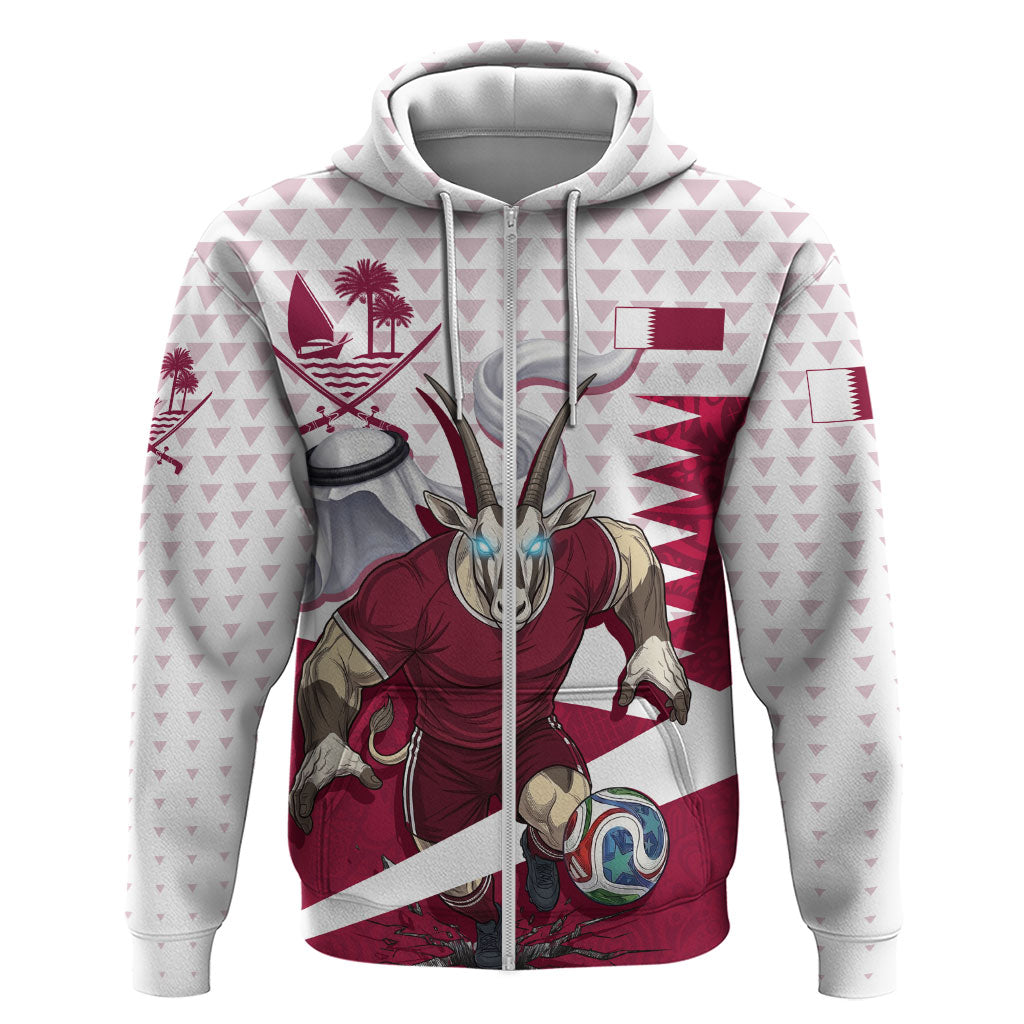 Personalized Qatar Soccer Zip Hoodie Arabian Oryx Football Mascot - Comic Art Geometric