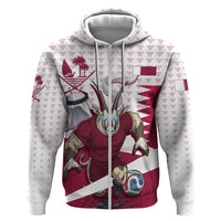 Personalized Qatar Soccer Zip Hoodie Arabian Oryx Football Mascot - Comic Art Geometric