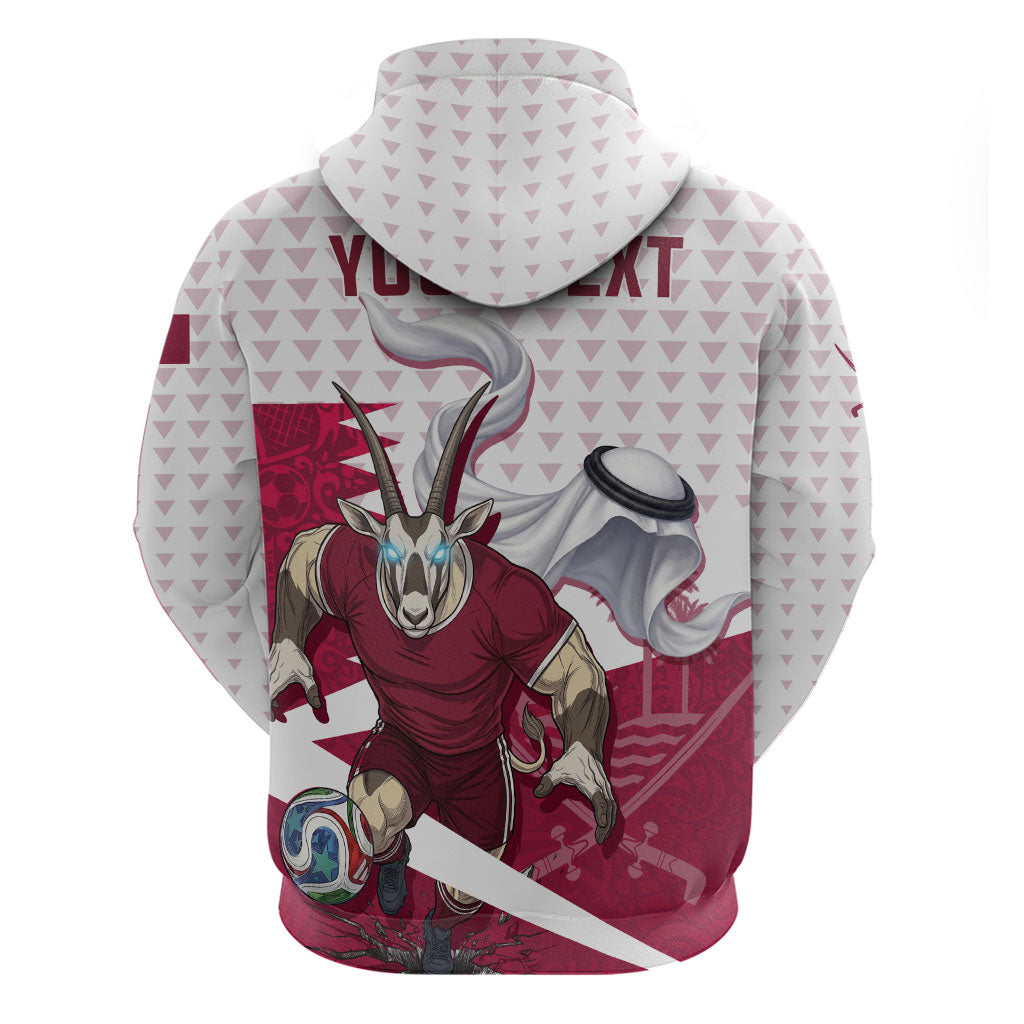 Personalized Qatar Soccer Zip Hoodie Arabian Oryx Football Mascot - Comic Art Geometric