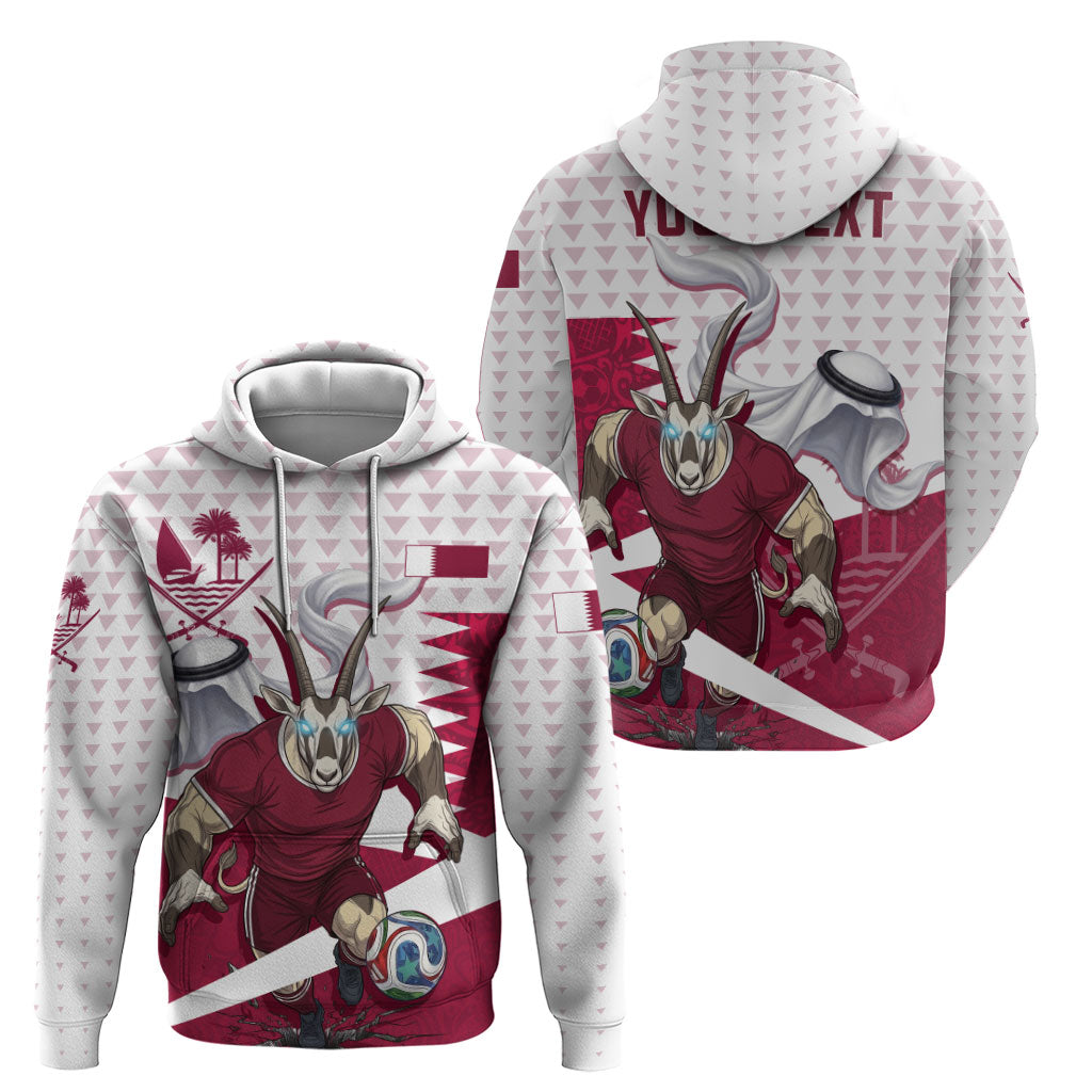 Personalized Qatar Soccer Zip Hoodie Arabian Oryx Football Mascot - Comic Art Geometric