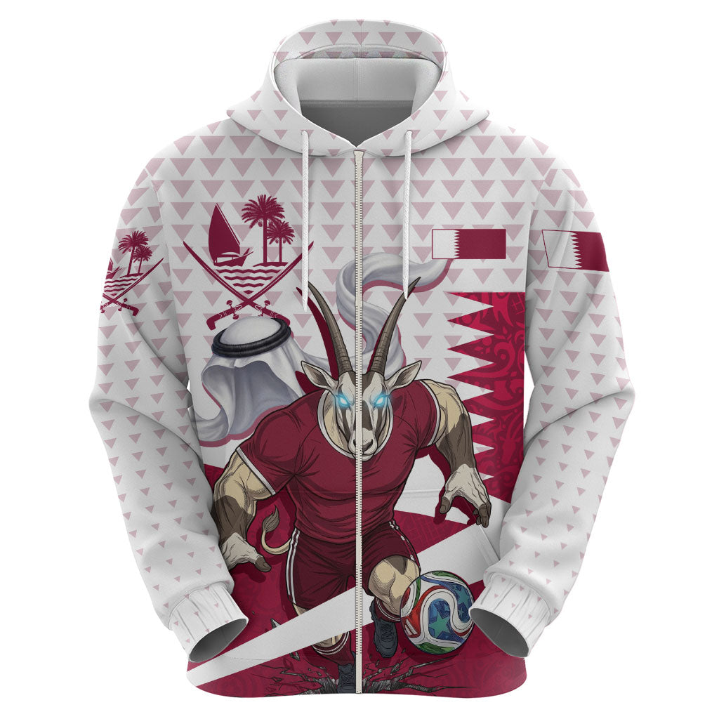 Personalized Qatar Soccer Zip Hoodie Arabian Oryx Football Mascot - Comic Art Geometric