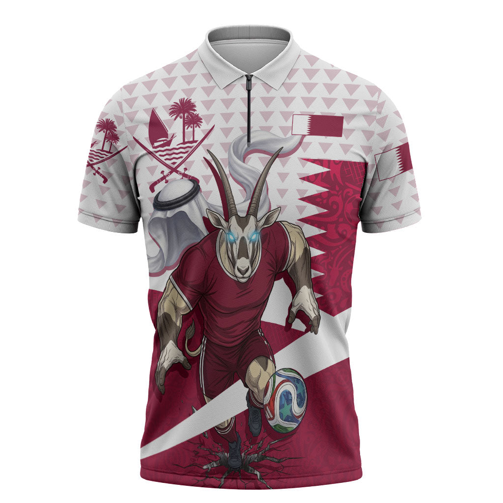 Personalized Qatar Soccer Zipper Polo Shirt Arabian Oryx Football Mascot - Comic Art Geometric
