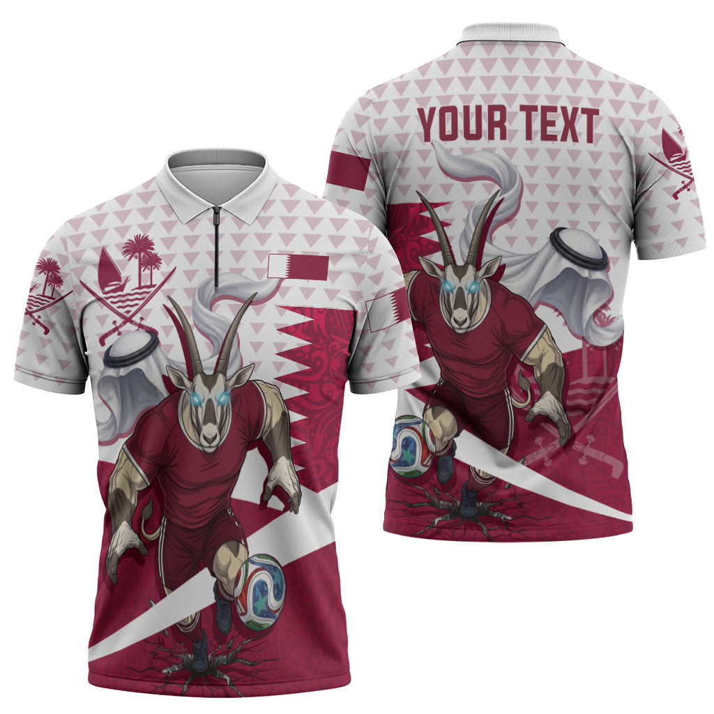 Personalized Qatar Soccer Zipper Polo Shirt Arabian Oryx Football Mascot - Comic Art Geometric