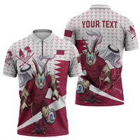Personalized Qatar Soccer Zipper Polo Shirt Arabian Oryx Football Mascot - Comic Art Geometric