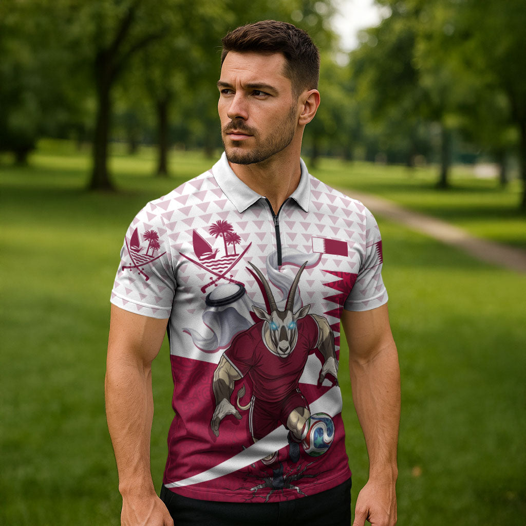 Personalized Qatar Soccer Zipper Polo Shirt Arabian Oryx Football Mascot - Comic Art Geometric