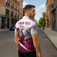 Personalized Qatar Soccer Zipper Polo Shirt Arabian Oryx Football Mascot - Comic Art Geometric