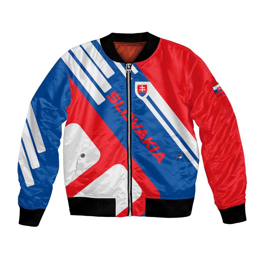 Slovakia – Red Blue White Geometric Flag Design Bomber Jacket with National Crest