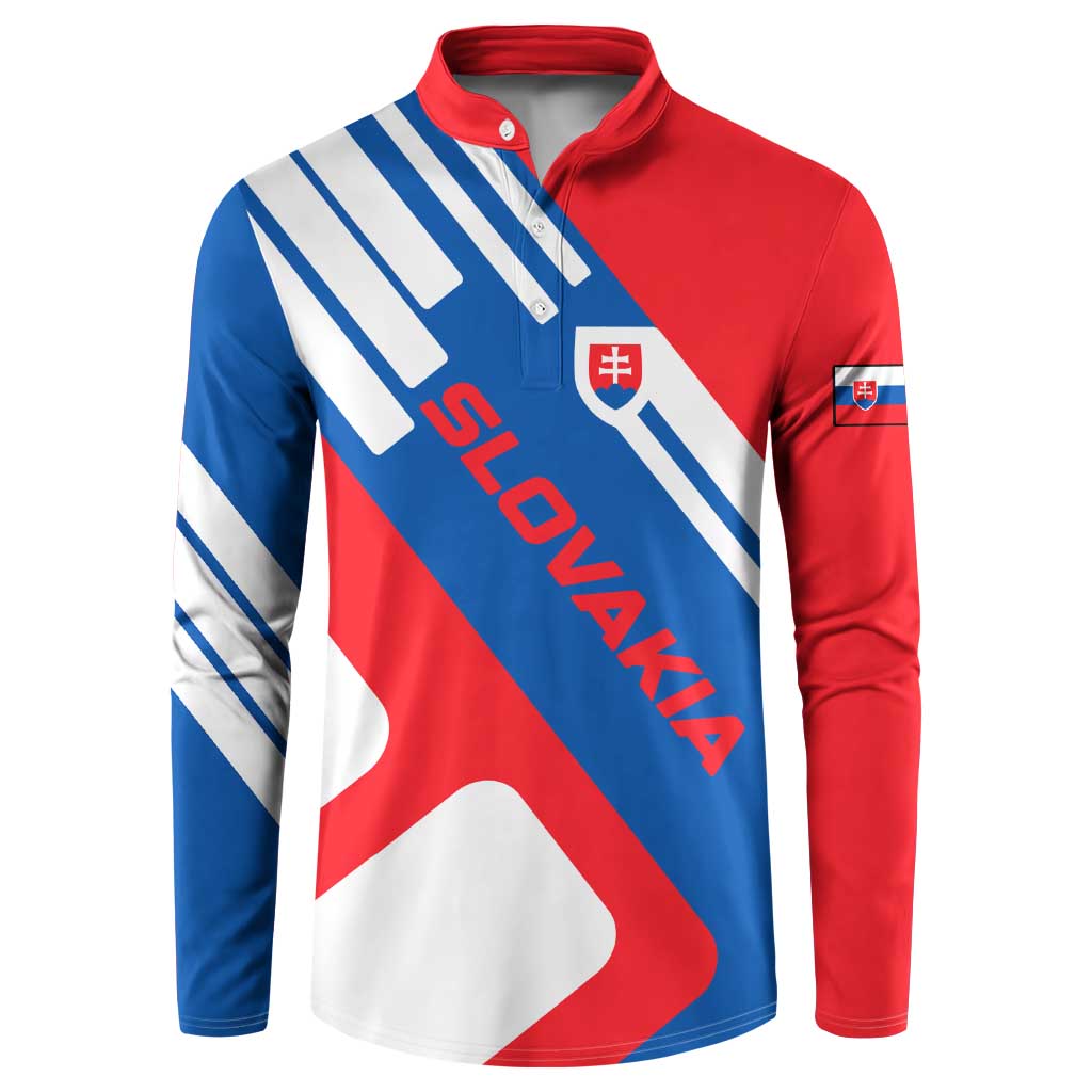 Slovakia – Red Blue White Geometric Flag Design Button Sweatshirt with National Crest