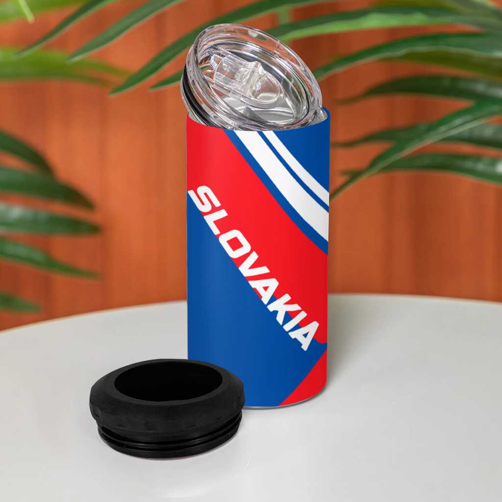 Slovakia – Red Blue White Geometric Flag Design 4 in 1 Can Cooler Tumbler with National Crest