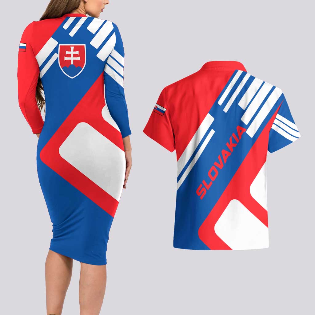 Slovakia – Red Blue White Geometric Flag Design Couples Matching Long Sleeve Bodycon Dress and Hawaiian Shirt with National Crest