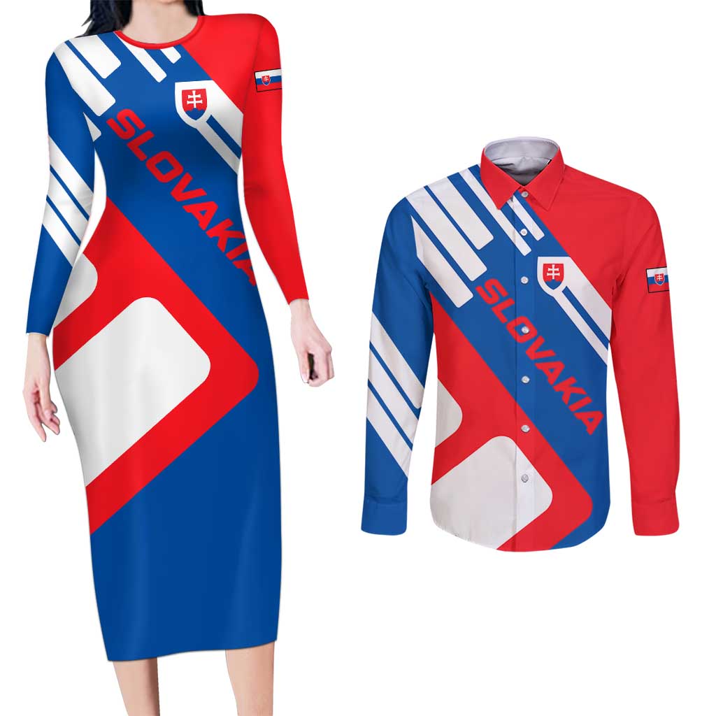 Slovakia – Red Blue White Geometric Flag Design Couples Matching Long Sleeve Bodycon Dress and Long Sleeve Button Shirt with National Crest