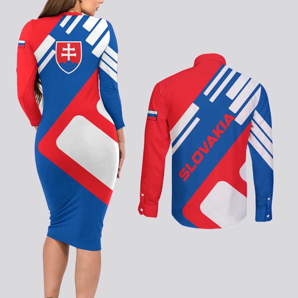 Slovakia – Red Blue White Geometric Flag Design Couples Matching Long Sleeve Bodycon Dress and Long Sleeve Button Shirt with National Crest