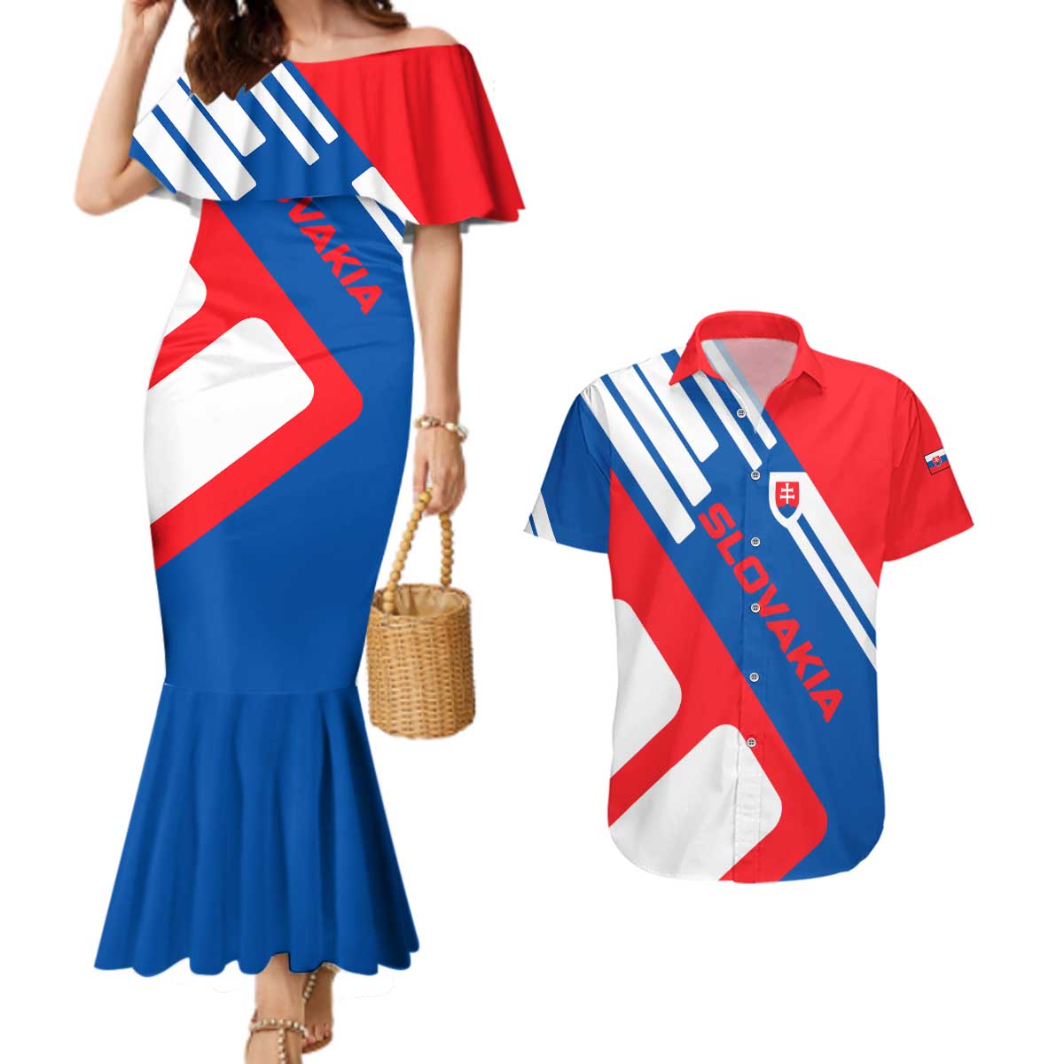 Slovakia – Red Blue White Geometric Flag Design Couples Matching Mermaid Dress and Hawaiian Shirt with National Crest