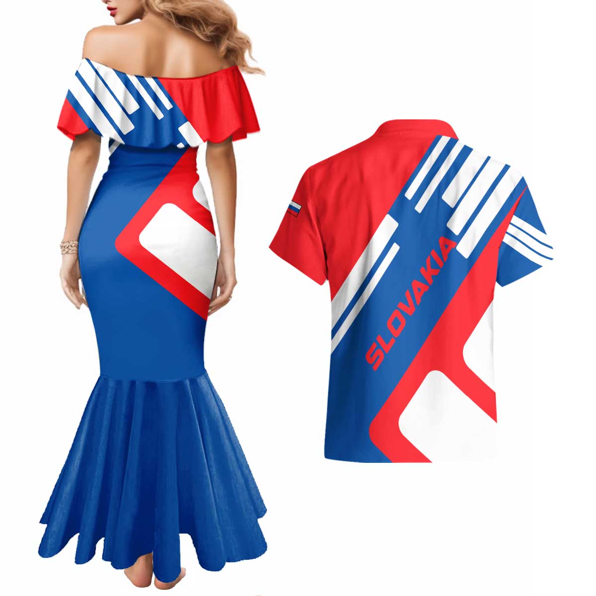 Slovakia – Red Blue White Geometric Flag Design Couples Matching Mermaid Dress and Hawaiian Shirt with National Crest
