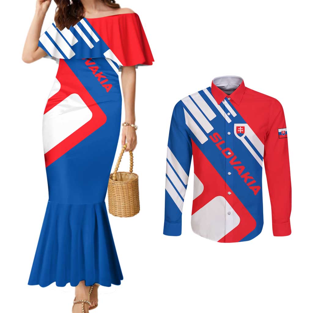 Slovakia – Red Blue White Geometric Flag Design Couples Matching Mermaid Dress and Long Sleeve Button Shirt with National Crest