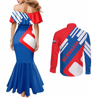 Slovakia – Red Blue White Geometric Flag Design Couples Matching Mermaid Dress and Long Sleeve Button Shirt with National Crest