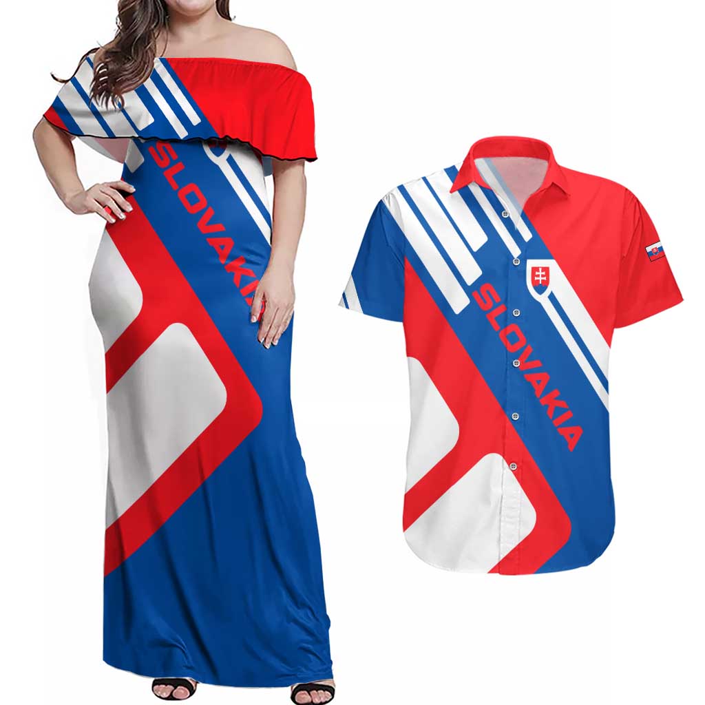 Slovakia – Red Blue White Geometric Flag Design Couples Matching Off Shoulder Maxi Dress and Hawaiian Shirt with National Crest