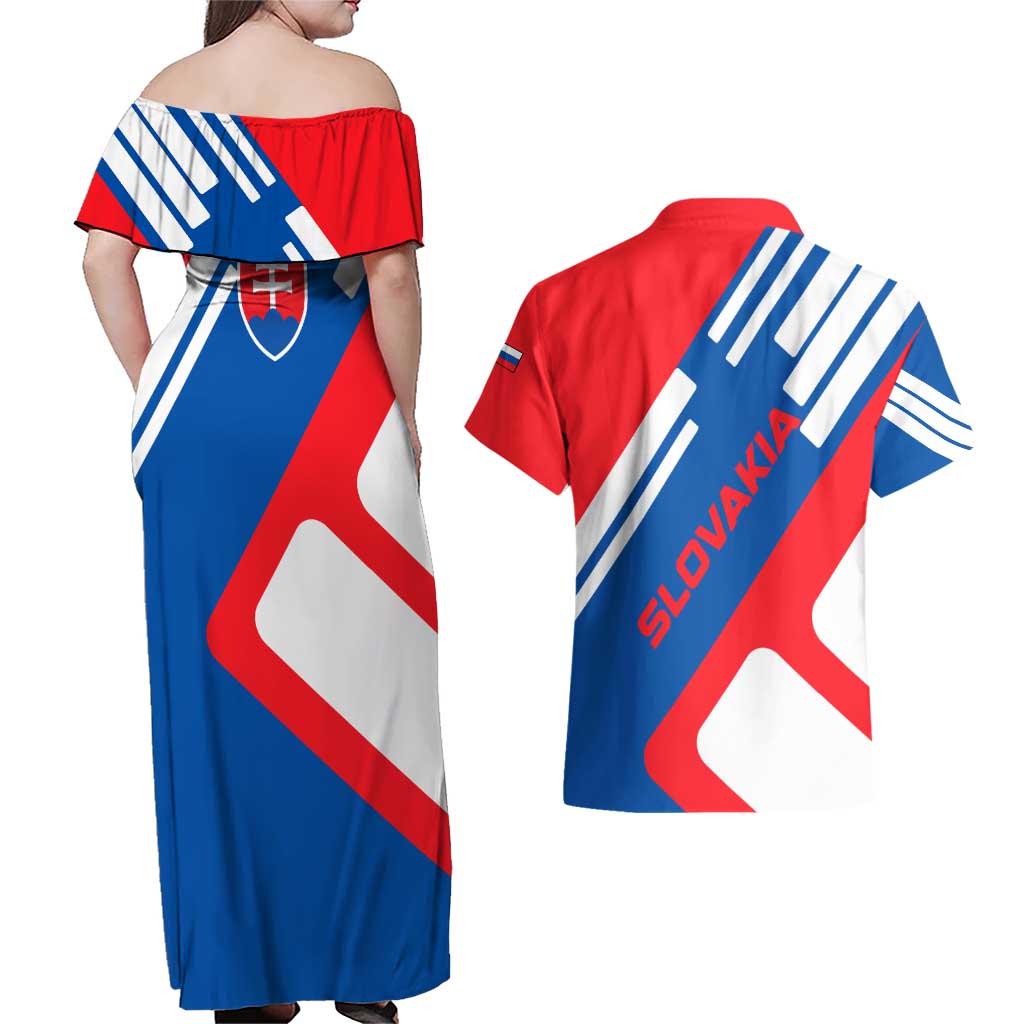 Slovakia – Red Blue White Geometric Flag Design Couples Matching Off Shoulder Maxi Dress and Hawaiian Shirt with National Crest