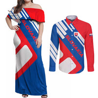 Slovakia – Red Blue White Geometric Flag Design Couples Matching Off Shoulder Maxi Dress and Long Sleeve Button Shirt with National Crest