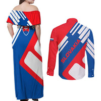 Slovakia – Red Blue White Geometric Flag Design Couples Matching Off Shoulder Maxi Dress and Long Sleeve Button Shirt with National Crest