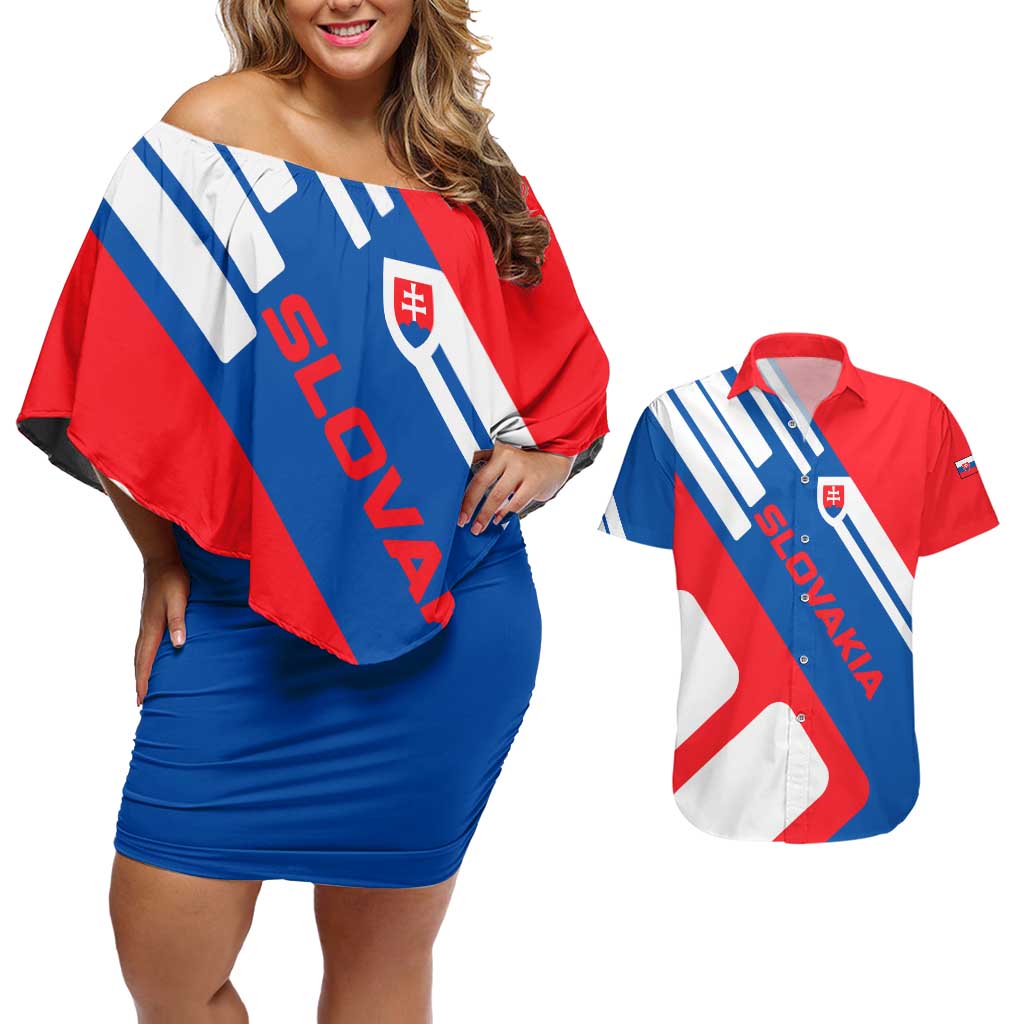 Slovakia – Red Blue White Geometric Flag Design Couples Matching Off Shoulder Short Dress and Hawaiian Shirt with National Crest