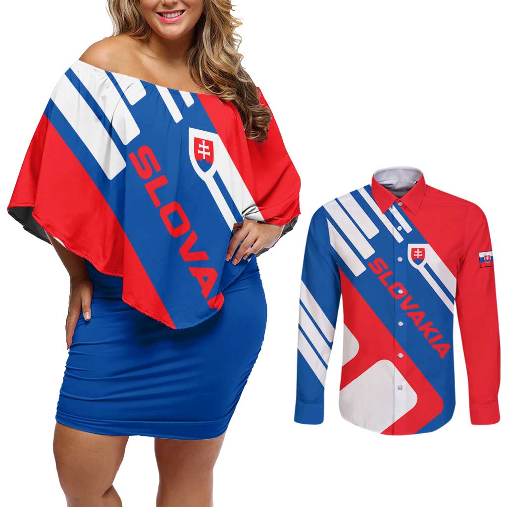 Slovakia – Red Blue White Geometric Flag Design Couples Matching Off Shoulder Short Dress and Long Sleeve Button Shirt with National Crest
