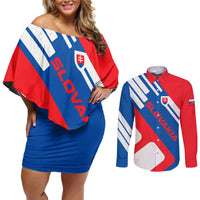 Slovakia – Red Blue White Geometric Flag Design Couples Matching Off Shoulder Short Dress and Long Sleeve Button Shirt with National Crest