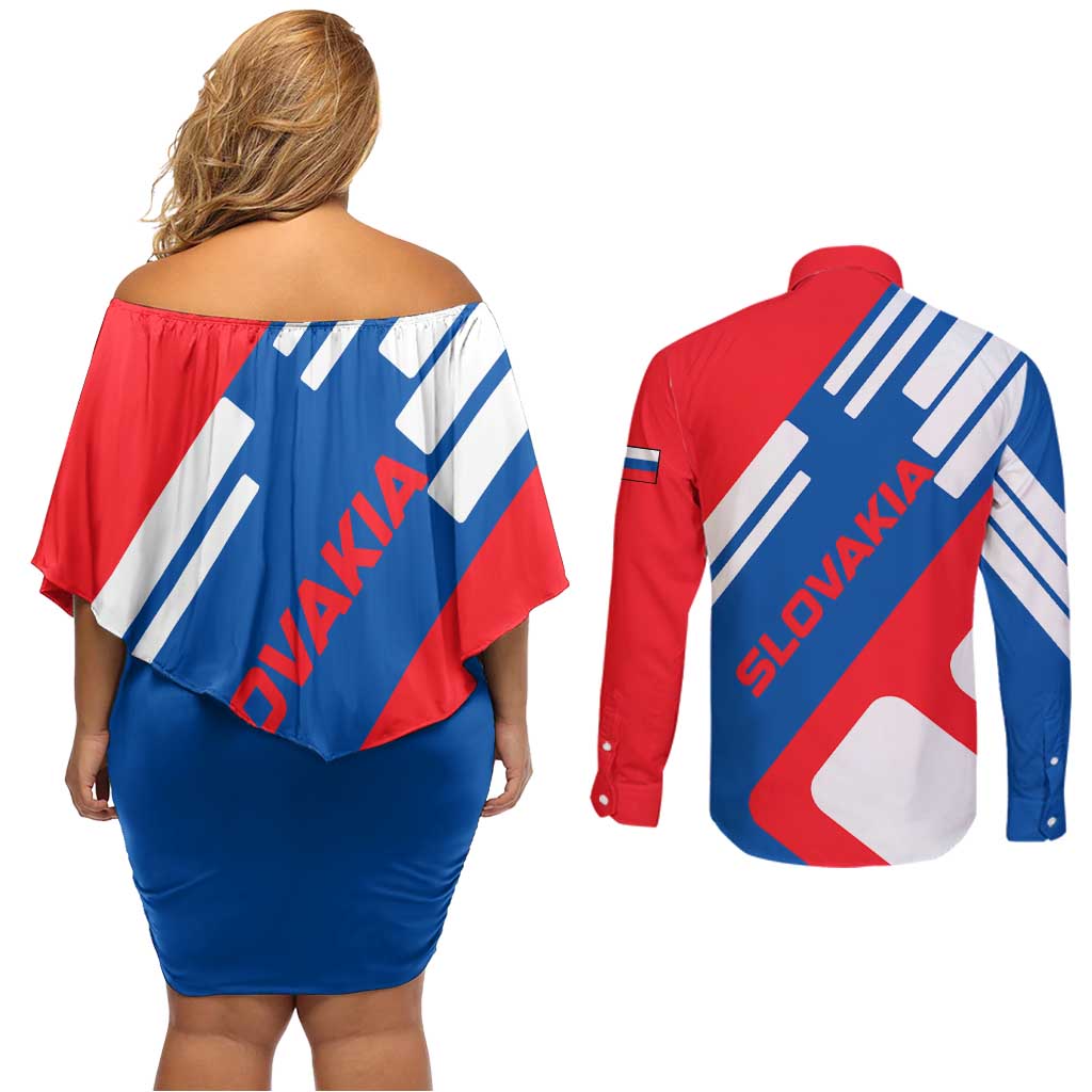 Slovakia – Red Blue White Geometric Flag Design Couples Matching Off Shoulder Short Dress and Long Sleeve Button Shirt with National Crest